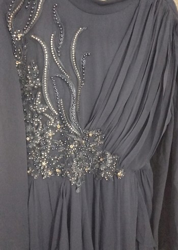 Uzun Kollu Gri Nakışlı Bohem Elbise - Görsel 4