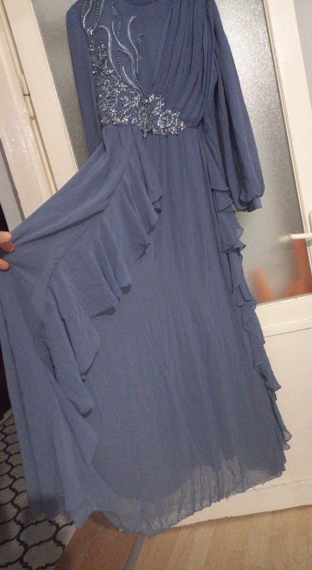 Uzun Kollu Gri Nakışlı Bohem Elbise - Görsel 2