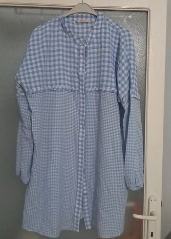 Mavi Kareli Pamuklu Uzun Kollu Kadın Gömlek - Görsel 2