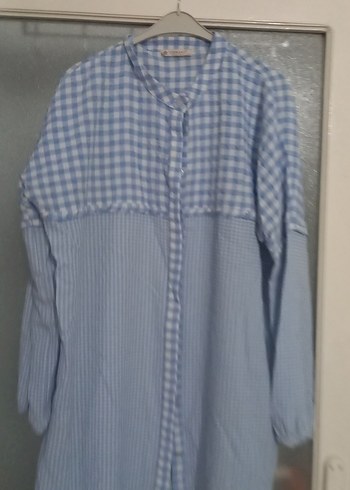 Mavi Kareli Pamuklu Uzun Kollu Kadın Gömlek - Görsel 3