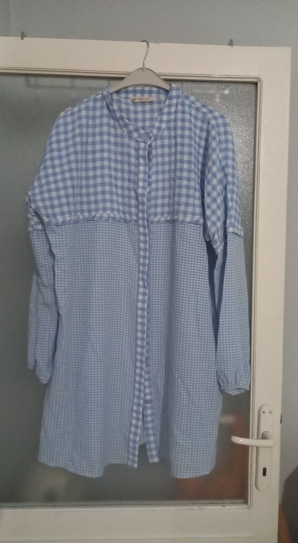 Mavi Kareli Pamuklu Uzun Kollu Kadın Gömlek - Görsel 2