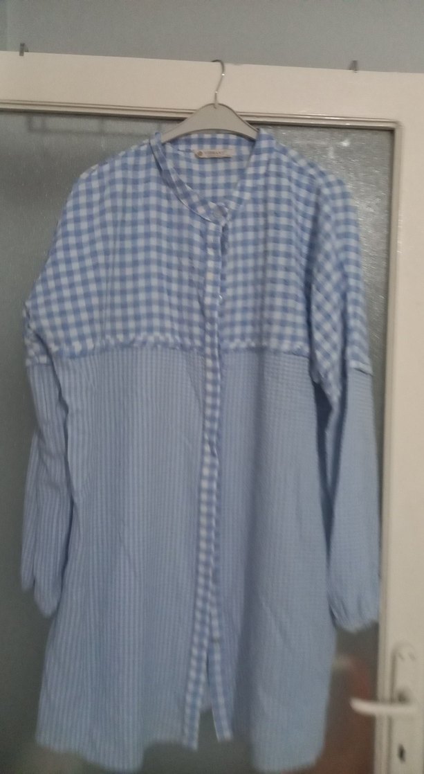 Mavi Kareli Pamuklu Uzun Kollu Kadın Gömlek - Görsel 3