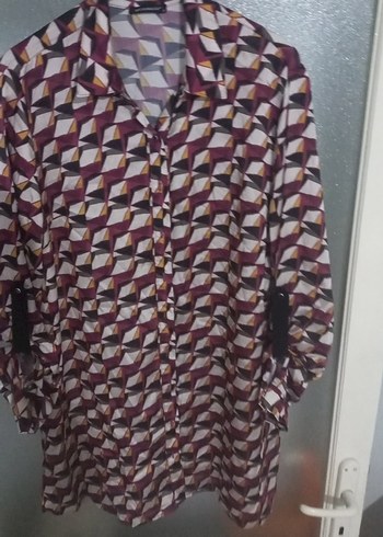 Bordo Geometrik Desenli Uzun Kollu Kadın Gömlek - Görsel 4