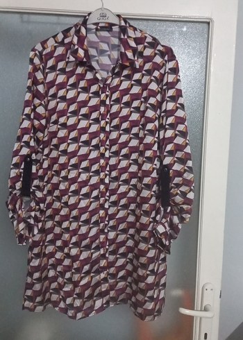 Bordo Geometrik Desenli Uzun Kollu Kadın Gömlek - Görsel 2