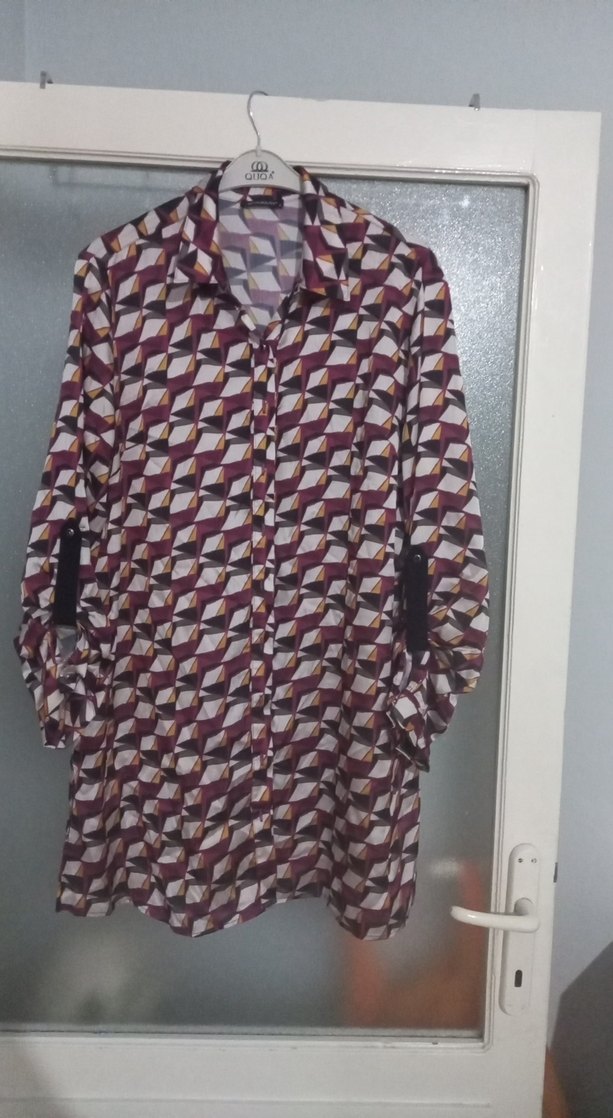 Bordo Geometrik Desenli Uzun Kollu Kadın Gömlek - Görsel 2