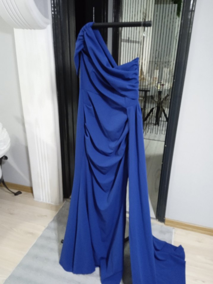Mavi Drapeli Uzun Gece Elbisesi - Görsel 5