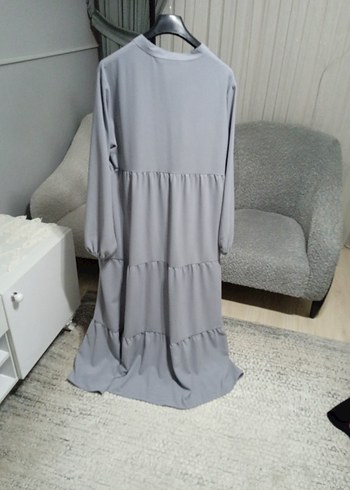 Uzun Gri Bohem Salaş Elbise - Görsel 4