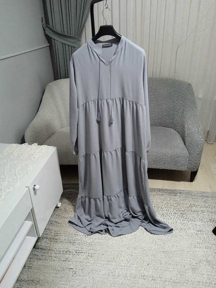 Uzun Gri Bohem Salaş Elbise - Görsel 2