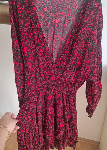 Kırmızı V Yaka Uzun Kollu Mini Elbise - Görsel 3