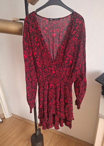 Kırmızı V Yaka Uzun Kollu Mini Elbise - Görsel 5