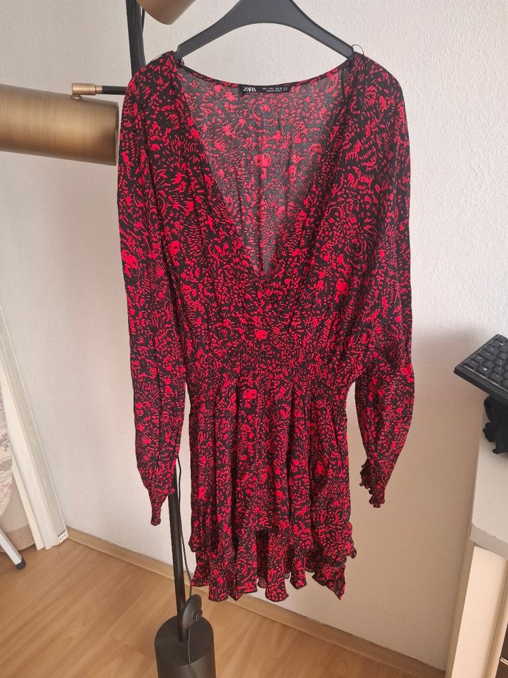 Kırmızı V Yaka Uzun Kollu Mini Elbise - Görsel 5