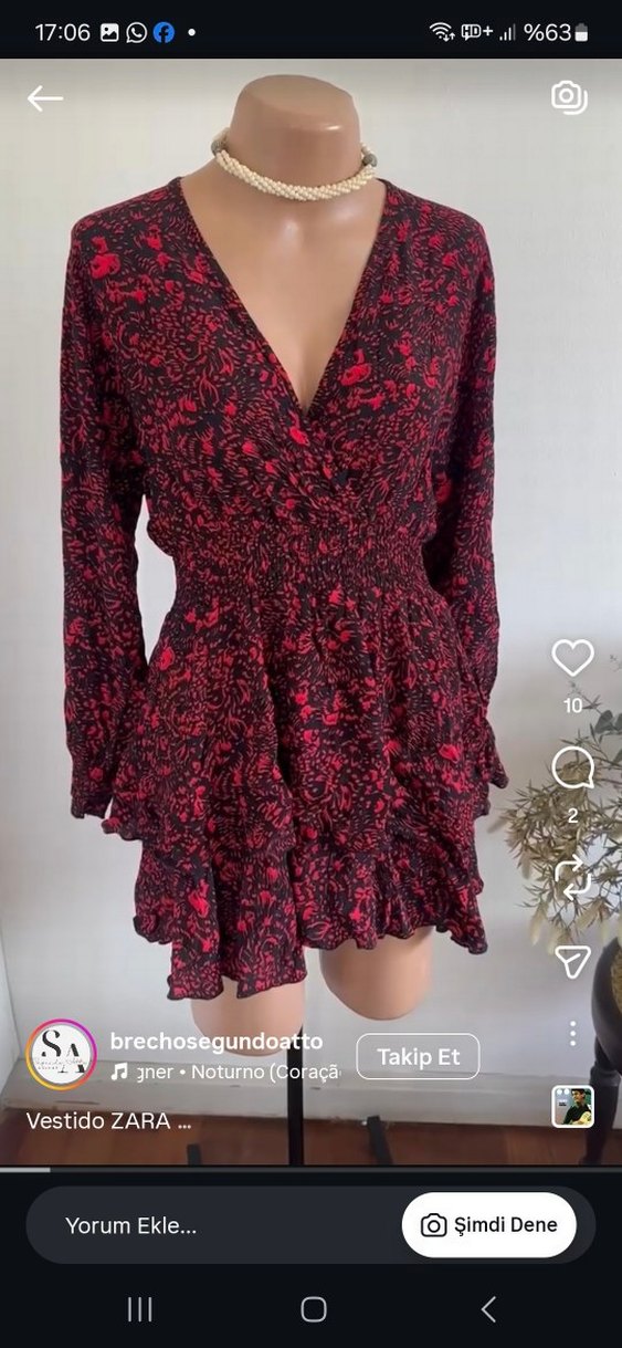 Kırmızı V Yaka Uzun Kollu Mini Elbise - Görsel 2