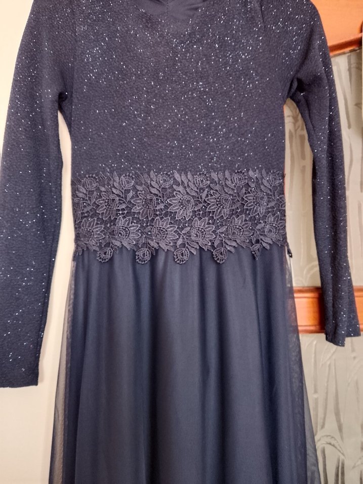 Lacivert Uzun Kollu Drapeli Abiye Elbise - Görsel 3