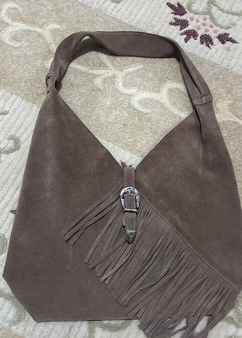 Püsküllü Kahverengi Süet Kadın kol Çantası - Görsel 2