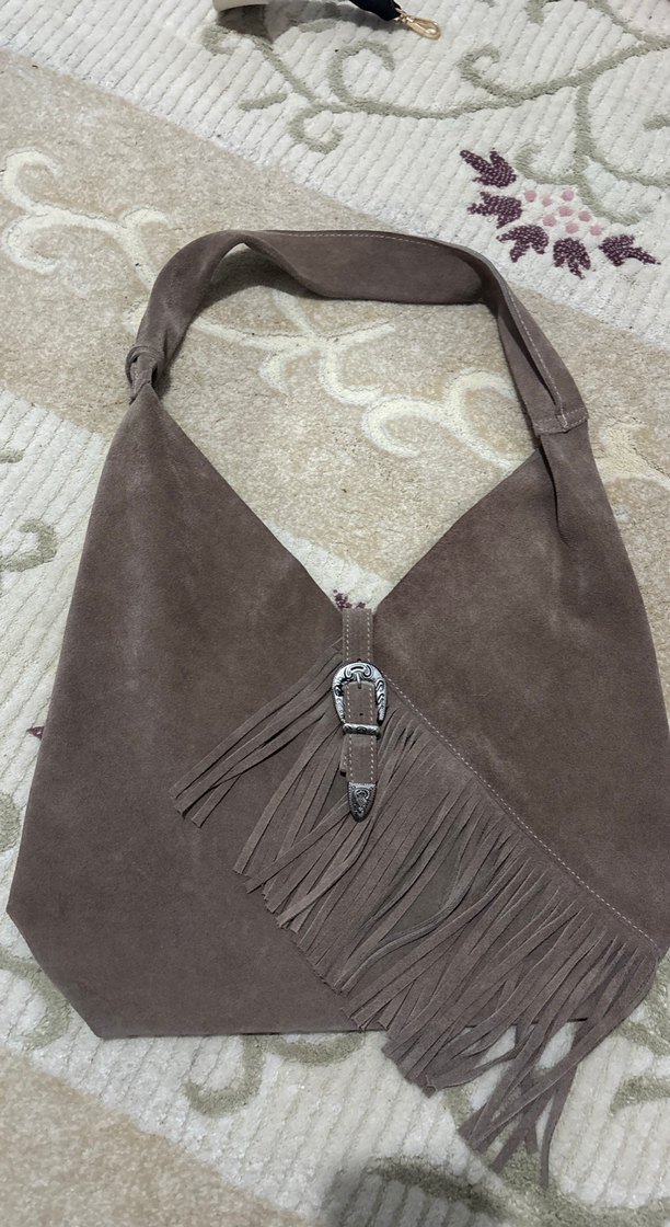 Püsküllü Kahverengi Süet Kadın kol Çantası - Görsel 2