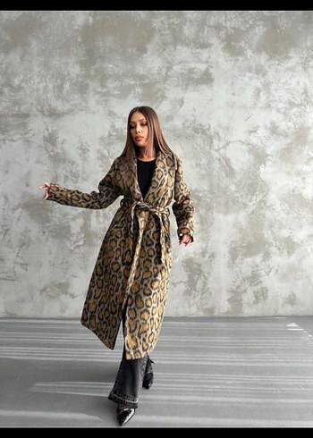 38 Beden kahverengi Renk Leopar Desenli Uzun Kadın Kaban