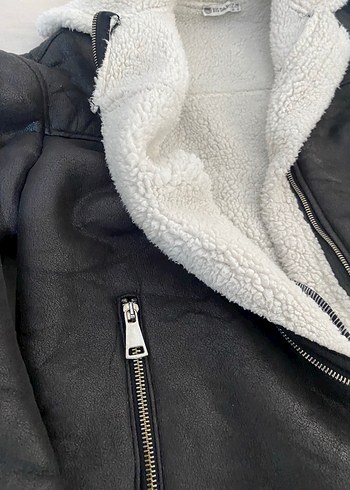 s Beden Gri Deri Kürklü Biker Kadın Ceket