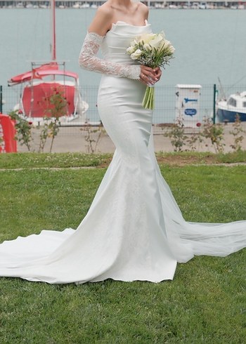 Ns Sposa 2025 Model Dantel Kollu Beyaz Balık Gelinlik - Görsel 2