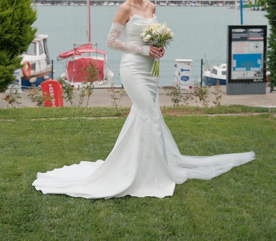 Ns Sposa 2025 Model Dantel Kollu Beyaz Balık Gelinlik - Görsel 2