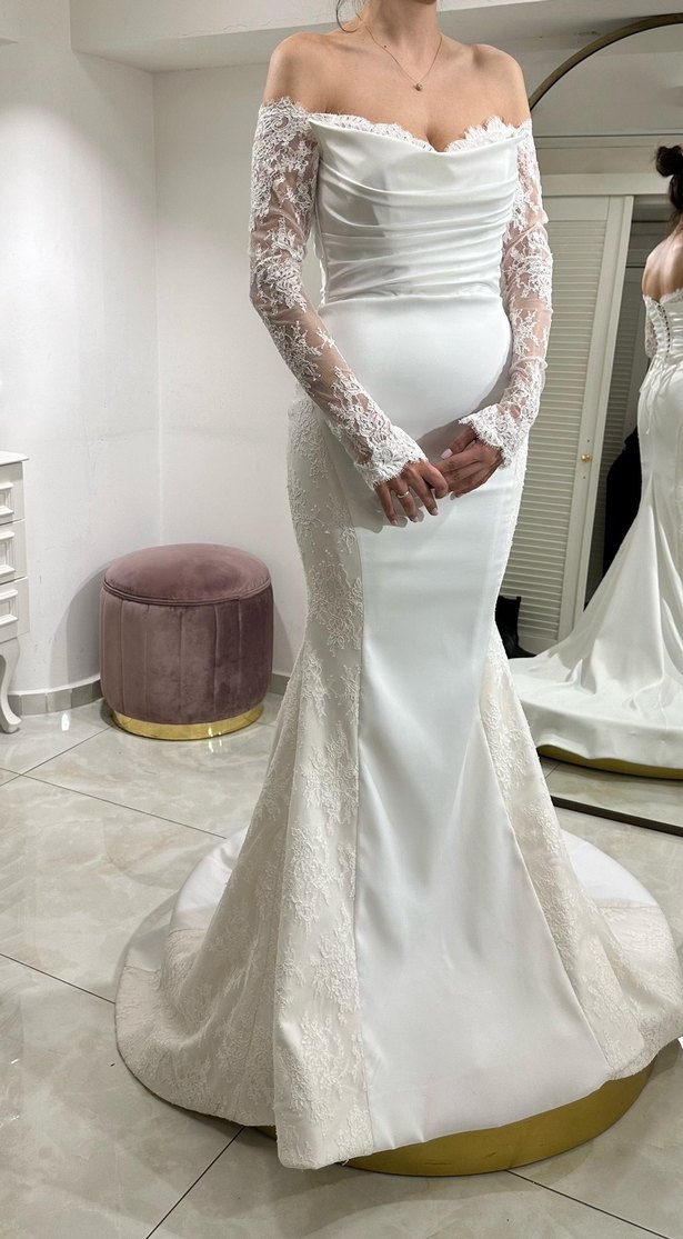 Ns Sposa 2025 Model Dantel Kollu Beyaz Balık Gelinlik - Görsel 5