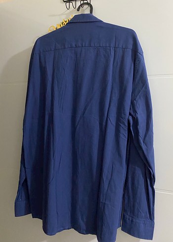 Lacivert Erkek Keten Gömlek, Uzun Kollu, Düğmeli - Görsel 3