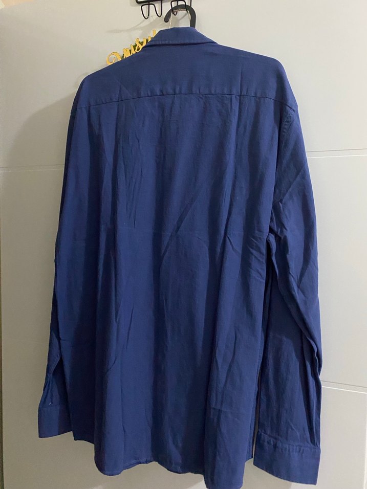 Lacivert Erkek Keten Gömlek, Uzun Kollu, Düğmeli - Görsel 3