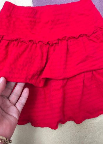6 Yaş Beden çocuk Kırmızı Fırfırlı Mini Keten Etek