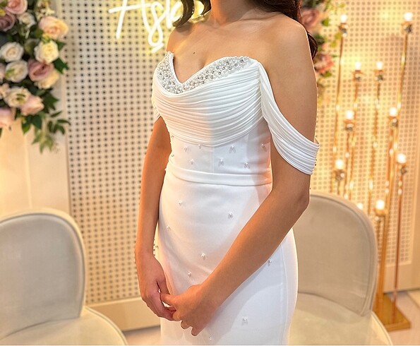 38 Beden beyaz Renk Carmen Nişan Söz Nikah elbisesi