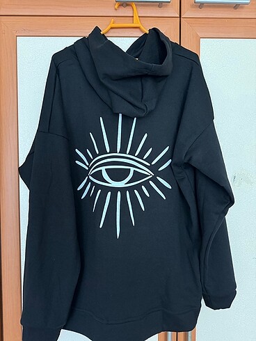 l Beden siyah Renk MODAGEN Unisex Siyah 3 İplik Göz Baskılı Oversize Kapüşonlu Swea