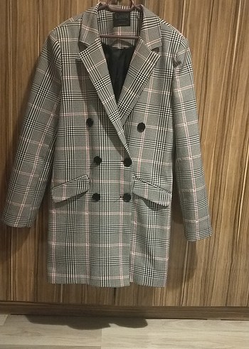 Gri Ekose Düğmeli Kadın Blazer Ceket - Görsel 5
