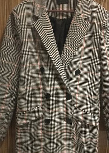 Gri Ekose Düğmeli Kadın Blazer Ceket - Görsel 4