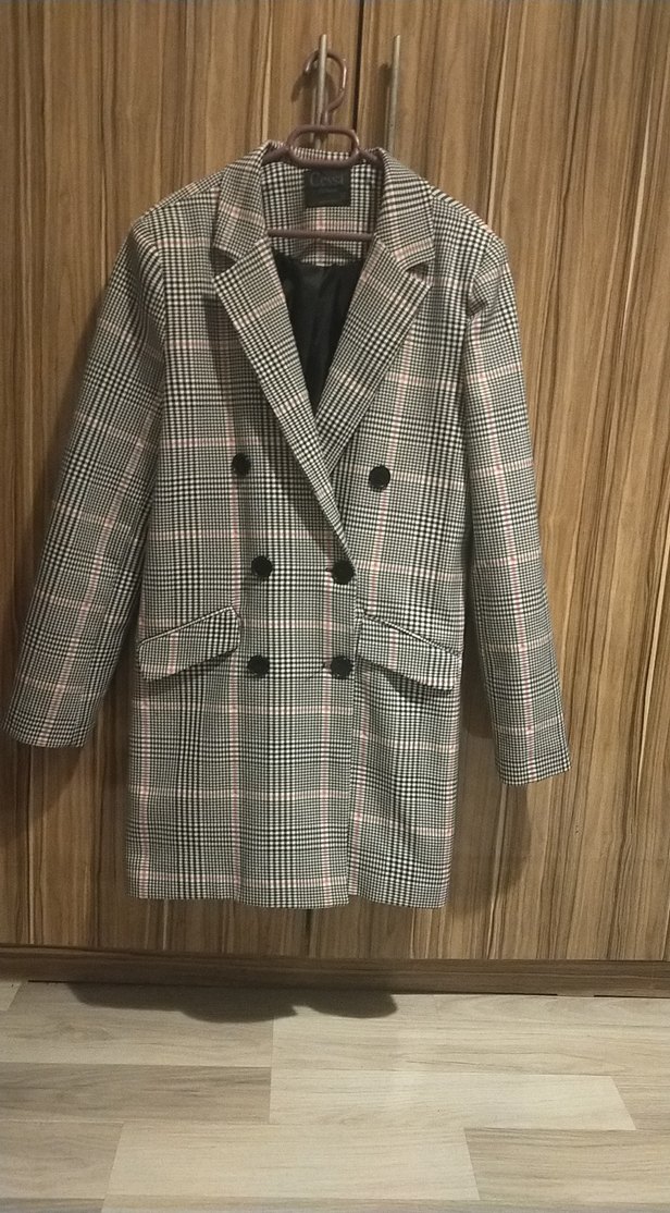 Gri Ekose Düğmeli Kadın Blazer Ceket - Görsel 5