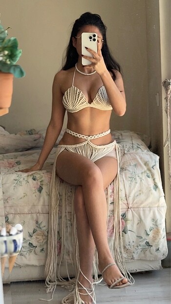 Tasarımcı Makrome bikini üst ve etek takım, plaj kıyafeti, makrome elbise