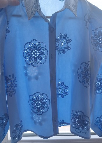 Mavi Nakışlı Bohem Kadın Gömlek - Görsel 7