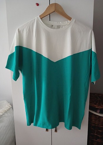 Turkuaz Bisiklet Yaka Kısa Kollu Salaş Tişört - Görsel 2