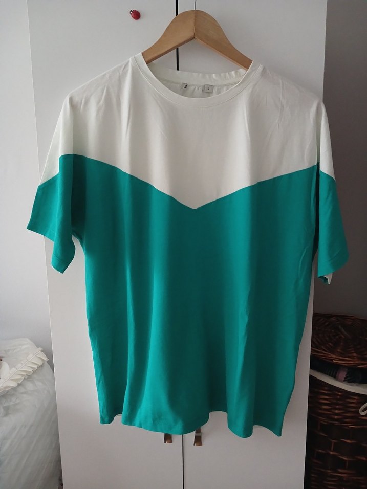 Turkuaz Bisiklet Yaka Kısa Kollu Salaş Tişört - Görsel 2