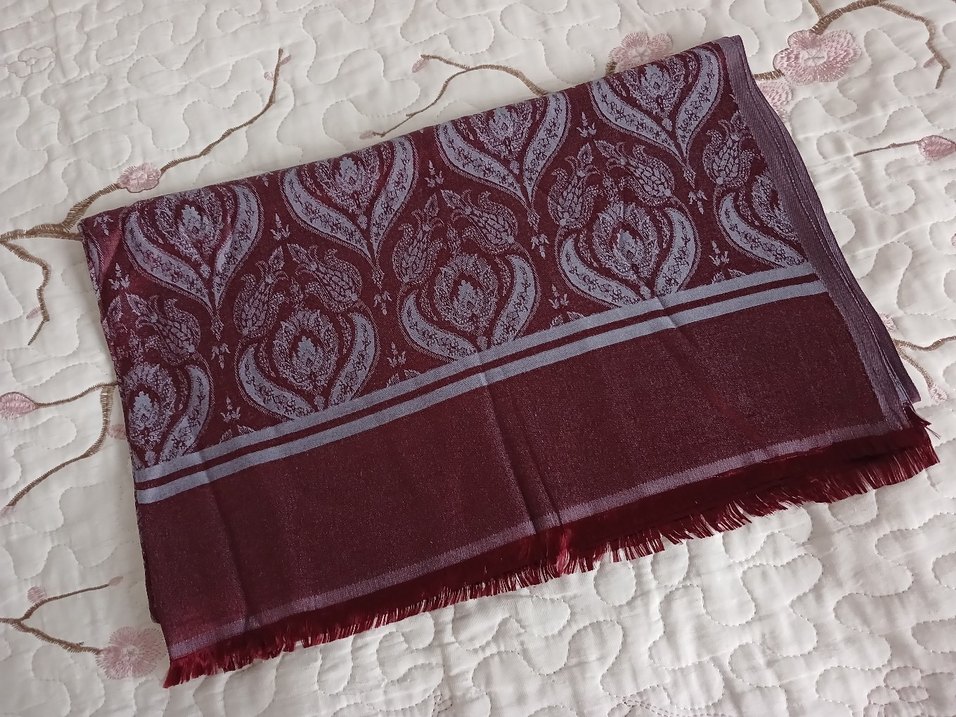 Bordo Kadın Bohem Drapeli İpek Şal - Görsel 5