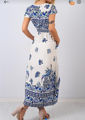 Mavi Bohem V Yaka Uzun Elbise - Görsel 3