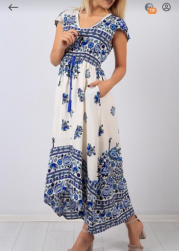 Mavi Bohem V Yaka Uzun Elbise - Görsel 2