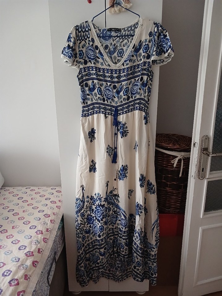 Mavi Bohem V Yaka Uzun Elbise - Görsel 4