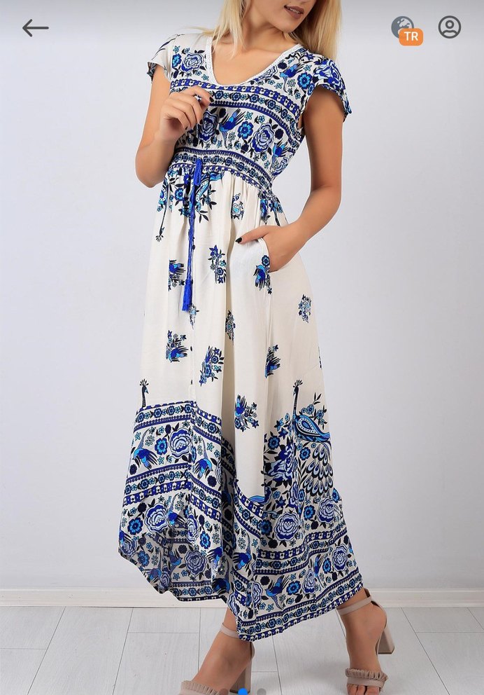 Mavi Bohem V Yaka Uzun Elbise - Görsel 2