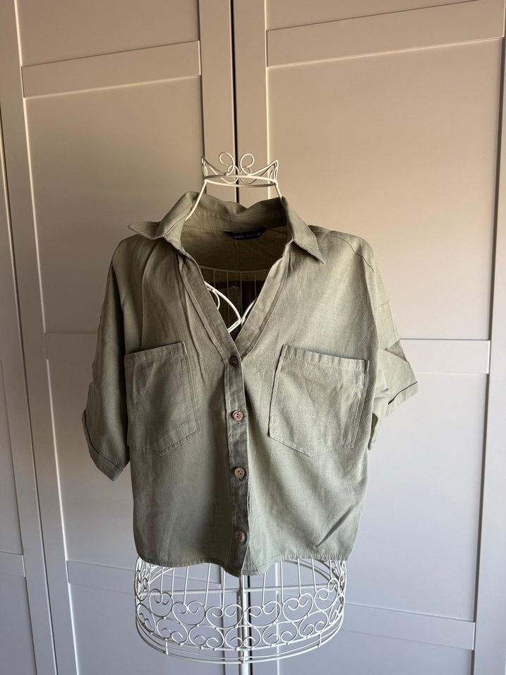 Defacto Düğmeli Kısa Kollu Keten Gömlek - Görsel 2