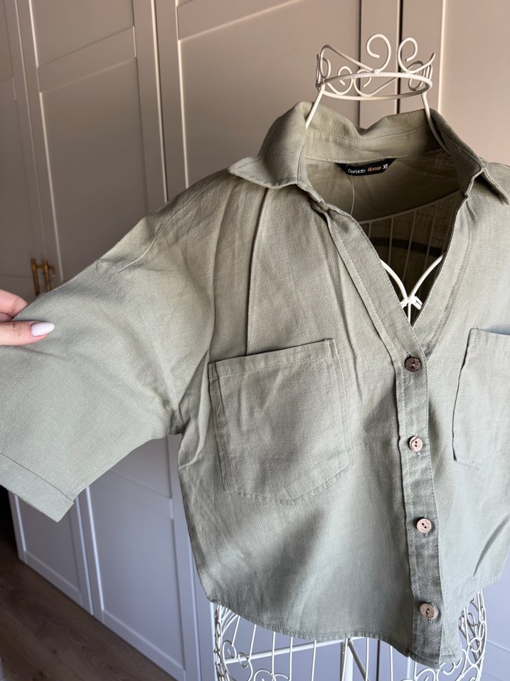 Defacto Düğmeli Kısa Kollu Keten Gömlek - Görsel 4