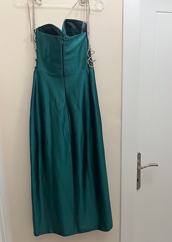 Taş Zincir Detaylı Petrol Yeşili Midi Boy Abiye Elbise - Görsel 2