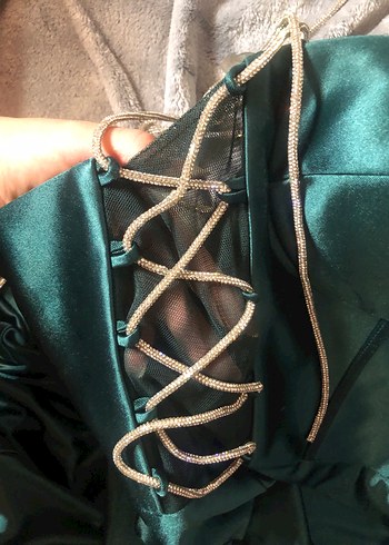 Taş Zincir Detaylı Petrol Yeşili Midi Boy Abiye Elbise - Görsel 5