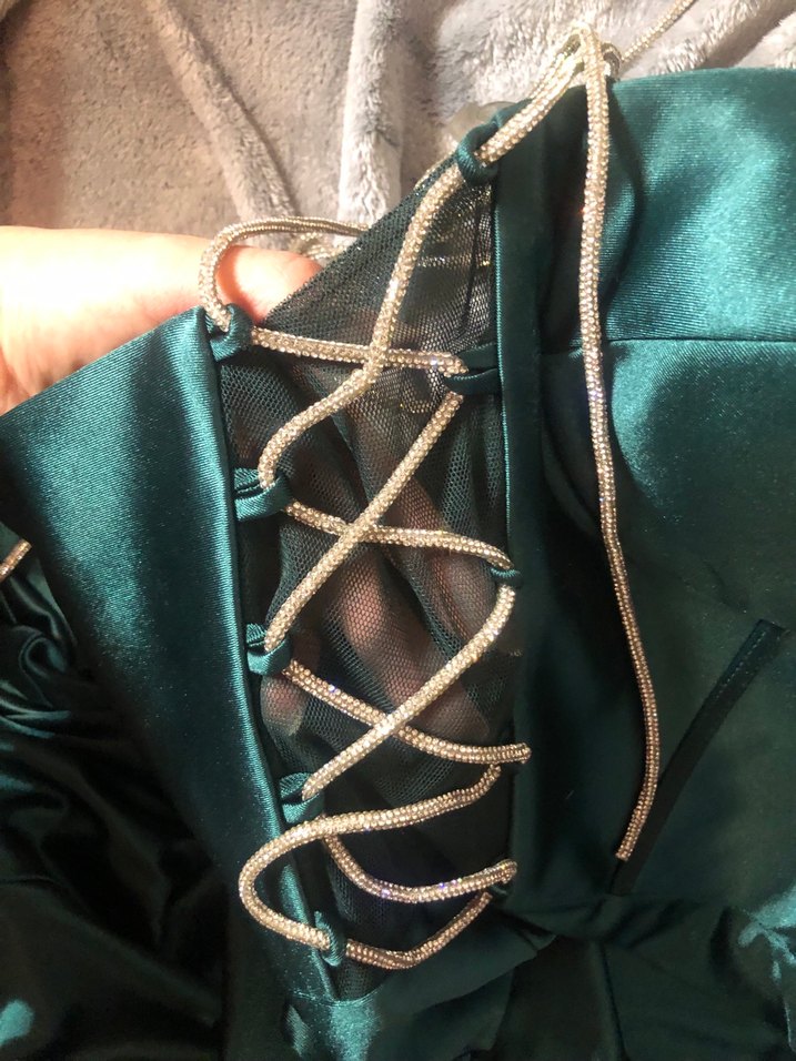 Taş Zincir Detaylı Petrol Yeşili Midi Boy Abiye Elbise - Görsel 5