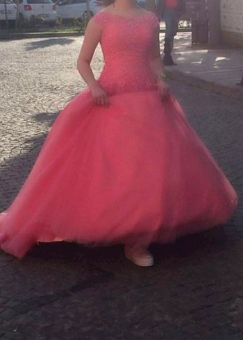 Pembe Dantel Detaylı Uzun Abiye Elbise - Görsel 2