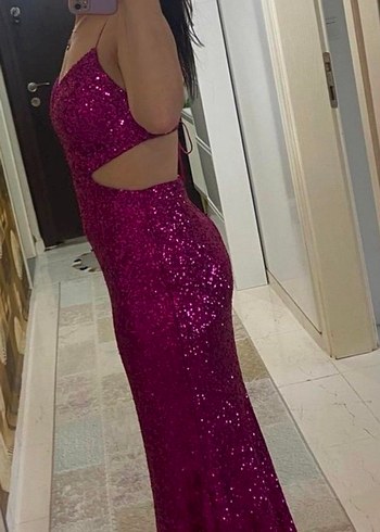 Parlak Pembe V Yaka Uzun Abiye Elbise - Görsel 2