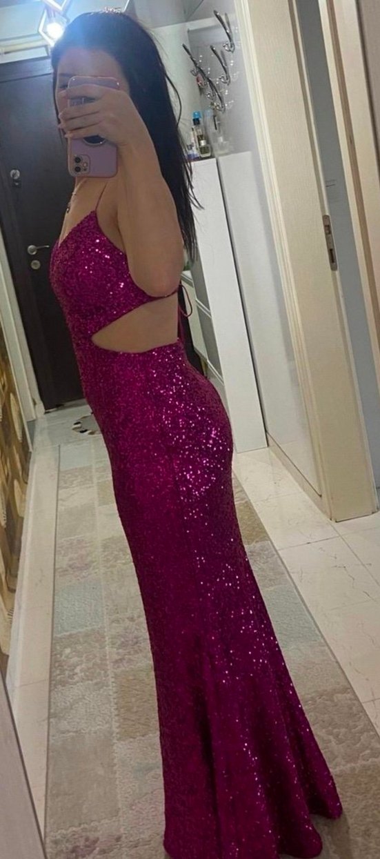 Parlak Pembe V Yaka Uzun Abiye Elbise - Görsel 2