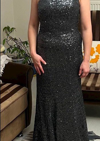 Gri tek omuz Uzun Abiye Elbise - Görsel 2